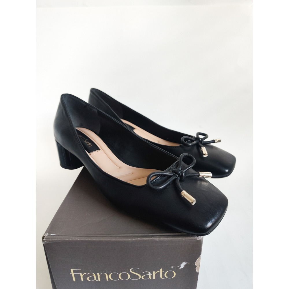 New Franco Sarto Pumps 6.5 Square Toe Bow Low Block Heel Leather Coquette Office
